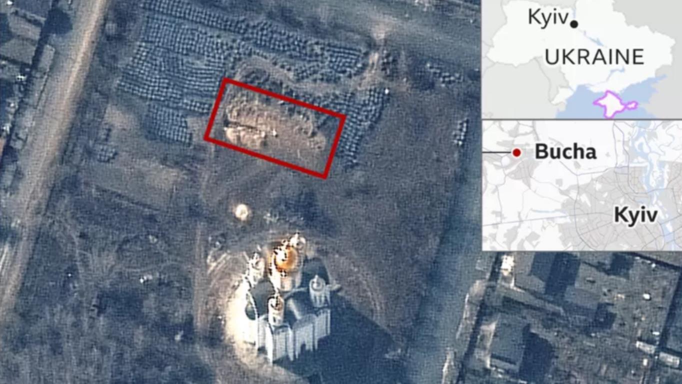 卫星图片显示布查一座教堂外的乱岗葬