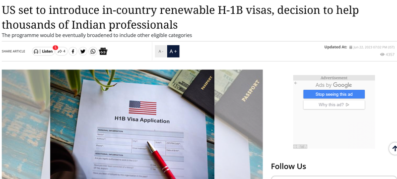 美国将推出境内续签的H-1B签证
